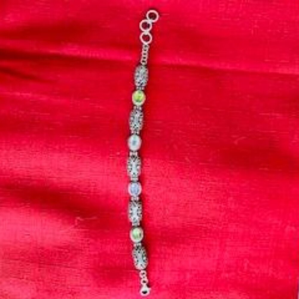 Sterling silver bracelet with 4 gemstones, 5 ornate silver stations - Picture 2 of 5